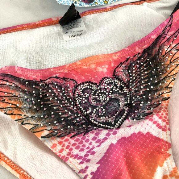 Sinful by Affliction Bikini Bottom Studded Wings Heart Snake Rhinestone Pink L - Picture 2 of 7